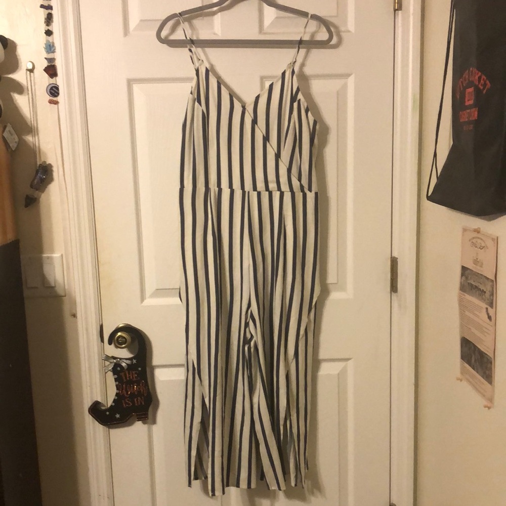 Blue and cream striped slit leg jumpsuit